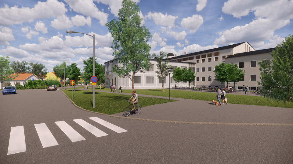 Vy från Bergslagsvägens rondell i sydväst, som visar befintlig skolbyggnad och tillkommande volym mot Möjbrovägen, människor i rörelse, barn på cykel på väg över övergångsställe, illustration.